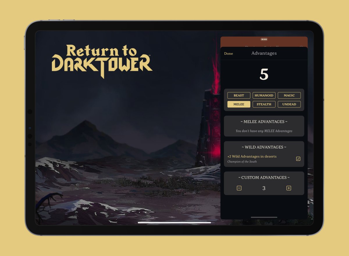 A new update for my Return to Dark Tower Assistant app (for the delightful board game by @RestorationGame) is out now. It adds a new 'Custom Advantages' section to the Advantages Calculator (useful for the Devious Swindler) and fixes some mistyped rules apps.apple.com/us/app/return-…