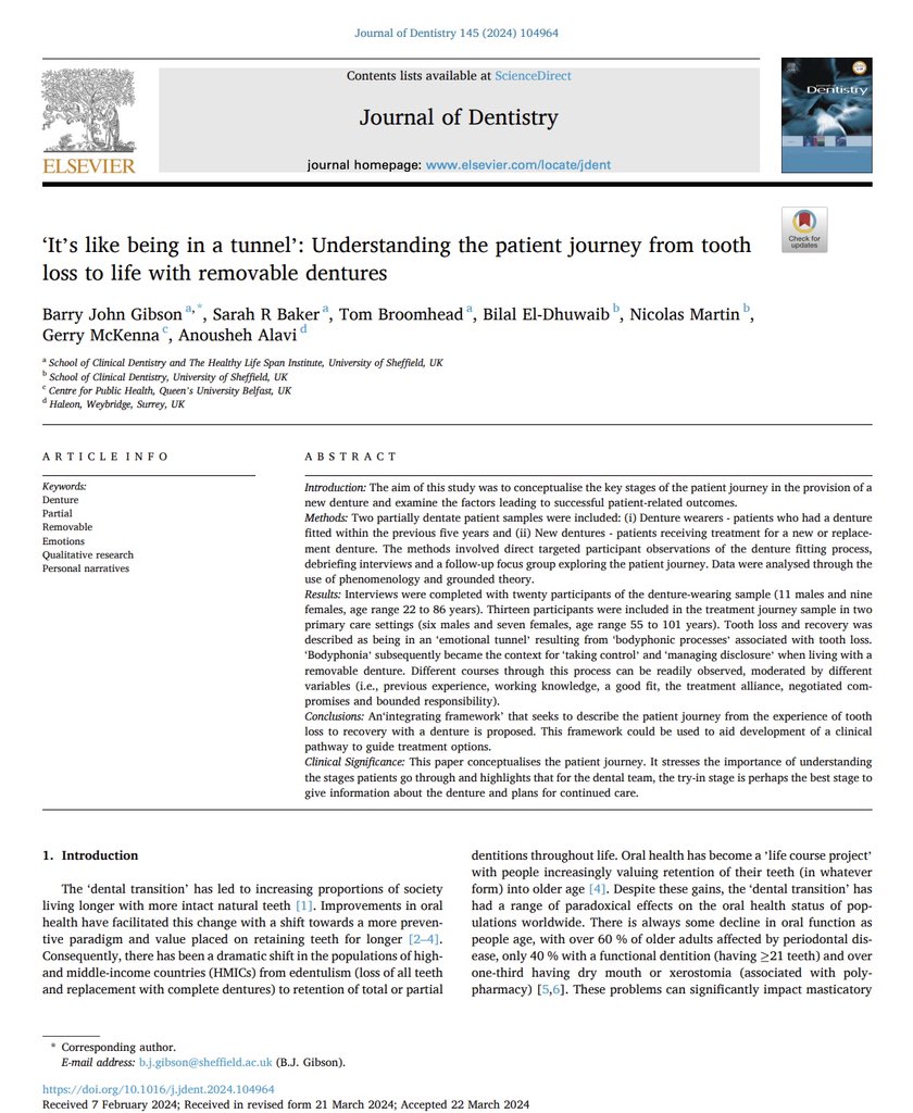 Prof Sarah Baker (@sarahrbakerdph) on Twitter photo “It’s like being in a tunnel”
Understanding a person’s journey from tooth loss to wearing dentures ‘successfully’ - from THEIR perspective
One of the first papers from an ongoing collaboration at <a href="/ShefDentistry/">School of Clinical Dentistry | Sheffield</a> led by Barry Gibson with <a href="/tw_broomhead/">Tom Broomhead</a> <a href="/GerryMcKenna_/">Gerry McKenna</a> #Dentistry “It’s like being in a tunnel”
Understanding a person’s journey from tooth loss to wearing dentures ‘successfully’ - from THEIR perspective
One of the first papers from an ongoing collaboration at <a href="/ShefDentistry/">School of Clinical Dentistry | Sheffield</a> led by Barry Gibson with <a href="/tw_broomhead/">Tom Broomhead</a> <a href="/GerryMcKenna_/">Gerry McKenna</a> #Dentistry