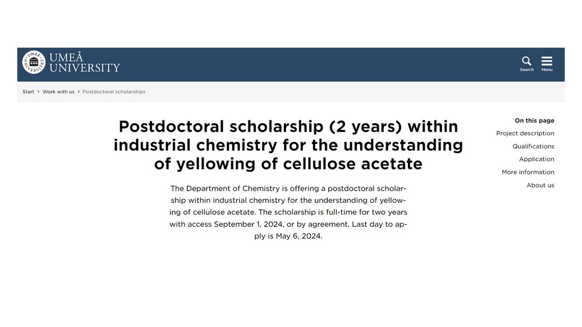 A postdoctoral scholarship on the chemistry of cellulose acetate is available at the Department of Chemistry of Umeå University. Interested candidates are welcome to apply before May 6th, 2024. umu.se/en/work-with-u…