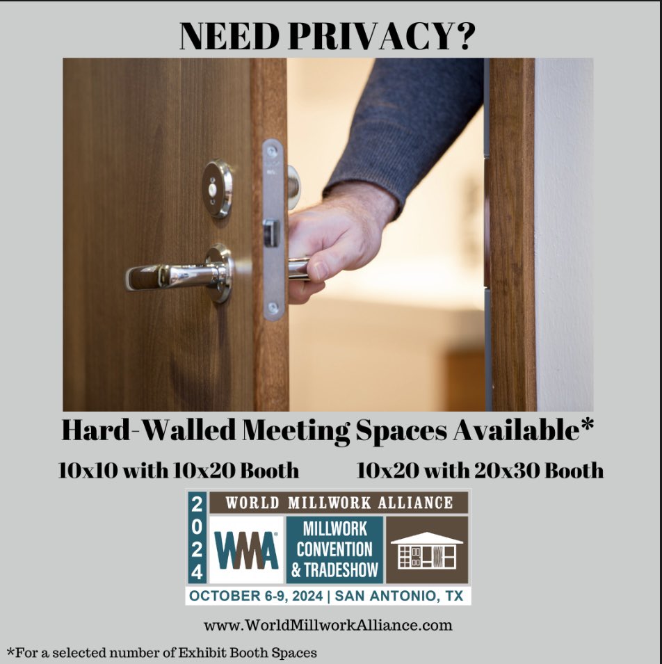 WMA is offering designated exhibit booths with Hard Wall Meeting Space attached. Don't miss out on this chance to discuss business in a private setting.   Learn more at worldmillworkalliance.com/2024-exhibitor…   #2024WMAShow #WMA #WorldMillworkAlliance