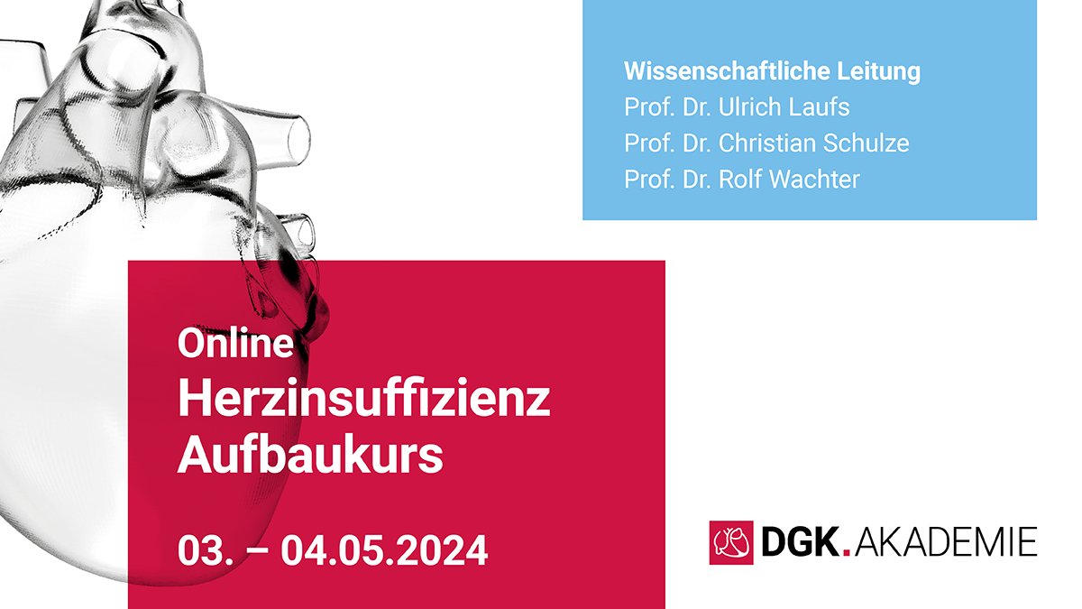 Das Krankheitsbild #Herzinsuffizienz wird immer relevanter. Die #DGKAkademie bietet dazu einen Online-Aufbaukurs (Device/Reha) am 03./4.05. an. Teilnahme auch ohne vorherigen Grundkurs möglich. Mehr Infos und Anmeldung: akademie.dgk.org/veranstaltung/… #DGK #Kardiologie #Herzgesundheit