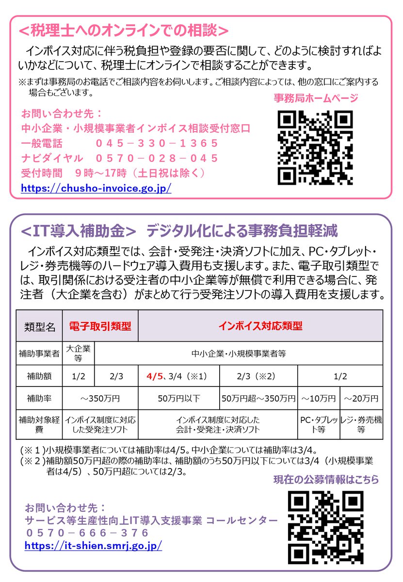 今年度もインボイス制度に関連する支援策のチラシを掲載しております！ 本チラシでは、オンラインでの税理士相談やIT導入補助金などの各種支援策を掲載しております。