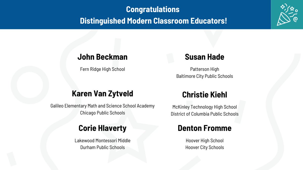 The Modern Classrooms Project (@modernclassproj) on Twitter photo Join us in congratulating these educators in receiving their Distinguished Modern Classroom Educator (DMCE) credential!
<a href="/dcpublicschools/">DC Public Schools</a> <a href="/DurhamPublicSch/">Durham Public Schools</a> <a href="/HooverSchools/">Hoover City Schools</a> <a href="/ChiPubSchools/">CPS - Chicago Public Schools</a> <a href="/BaltCitySchools/">Baltimore City Public Schools</a> Join us in congratulating these educators in receiving their Distinguished Modern Classroom Educator (DMCE) credential!
<a href="/dcpublicschools/">DC Public Schools</a> <a href="/DurhamPublicSch/">Durham Public Schools</a> <a href="/HooverSchools/">Hoover City Schools</a> <a href="/ChiPubSchools/">CPS - Chicago Public Schools</a> <a href="/BaltCitySchools/">Baltimore City Public Schools</a>