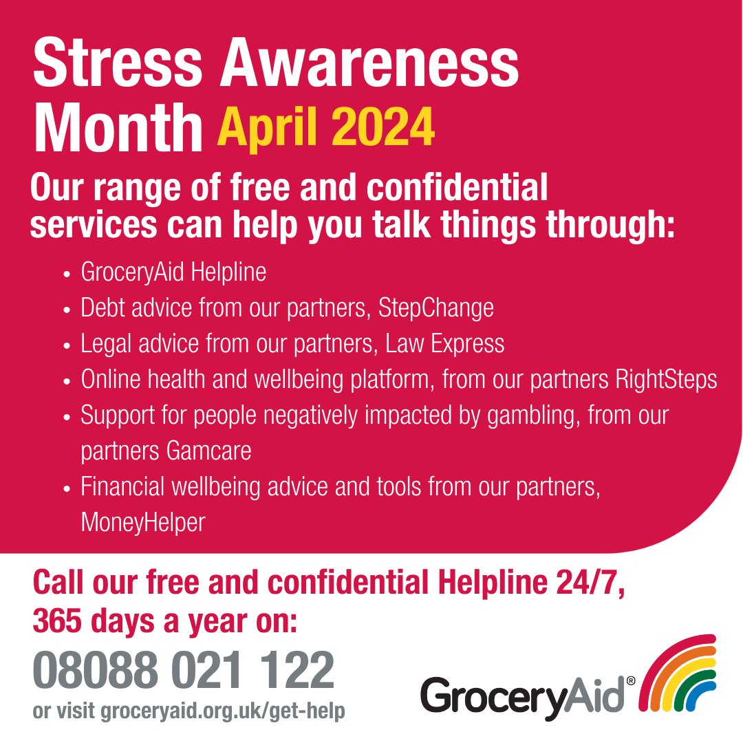 If you or a colleague are experiencing feelings of stress or worry, support is available from GroceryAid. Read our blog to find out more: ow.ly/5jGl50Rb5IJ #StressAwarenessMonth #GroceryAid #Stress #ManagingStress #MentalHealth #FMCG