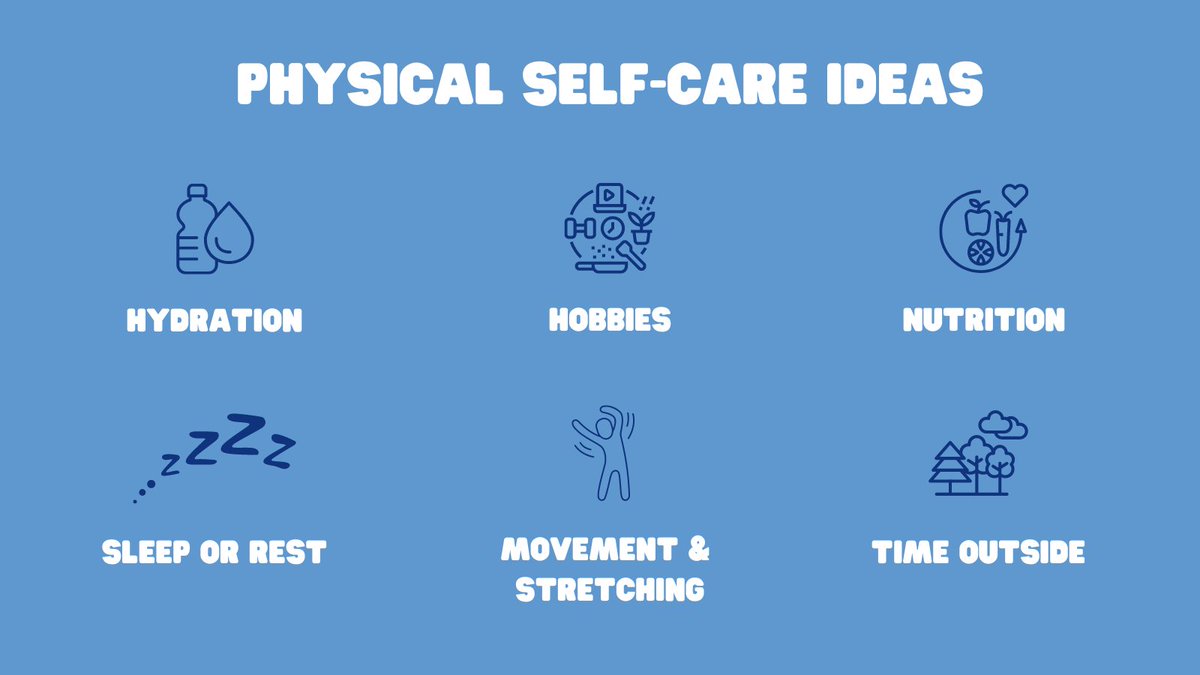 This #WellbeingWednesday we're sharing some physical #SelfCare ideas:
💙Hydration
💙Nutrition
💙Hobbies
💙Time Outside
💙Sleep or Rest
💙Movement or Stretching

Physical self-care has been proven to reduce stress, depression & anxiety, & improve energy, productivity, & happiness.