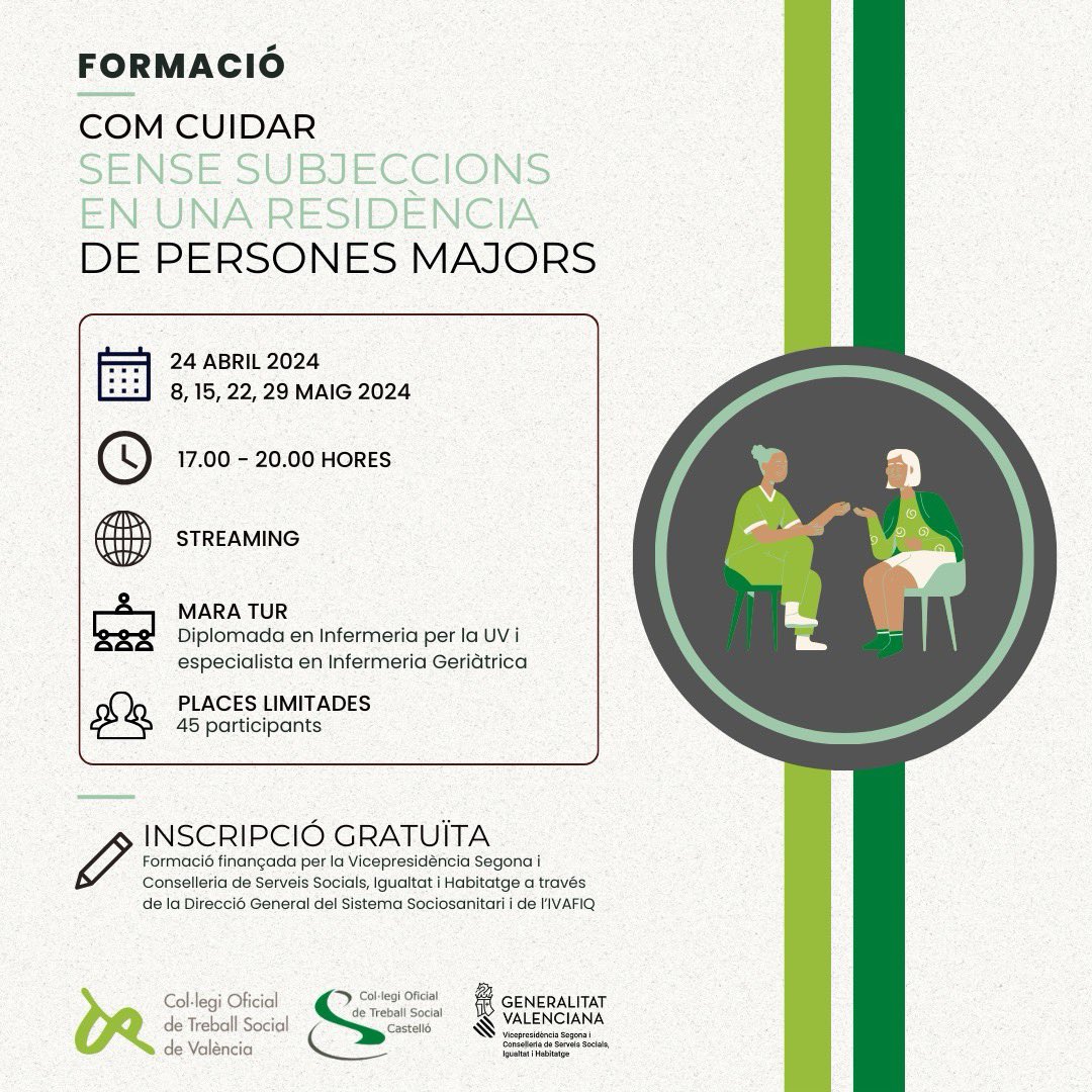 🟩 #FORMACIÓ 🟩 🤝 Curs 'Com cuidar sense subjeccions en una residència de persones majors' 💻 Format en línia 👉 Formació finançada per @GVAIgualtat a través de l'IVAFIQ ✍ Inscripció GRATUÏTA oberta des del 17 d'abril a l'enllaç: acortar.link/NcUaeF