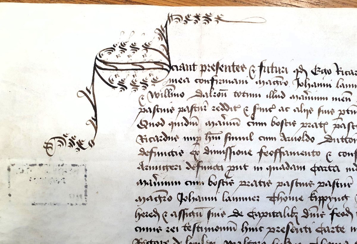 We've been busy adding catalogue description for some of our older documents and we came across this Latin grant which has gorgeous handwriting. The grant is for the Manor of Lynley (known as Lilley today) dated 27 Jul 1476 (Ref: 36941). #Calligraphy #Handwriting #LatinDocument