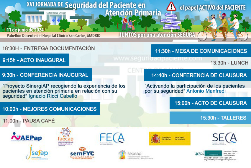 Programa de la XVI Jornada de Seguridad del Paciente en Atención Primaria #XVISegPacAP 🗓️ 11 junio 📍 Hospital Clínico San Carlos 📨 Plazo de envío comunicaciones: 19 abril @sanidadgob @faecap @Sefap_FAP @SEPEAP @semfyc @aepap  Toda la info⬇️ bit.ly/XVISegPacAP