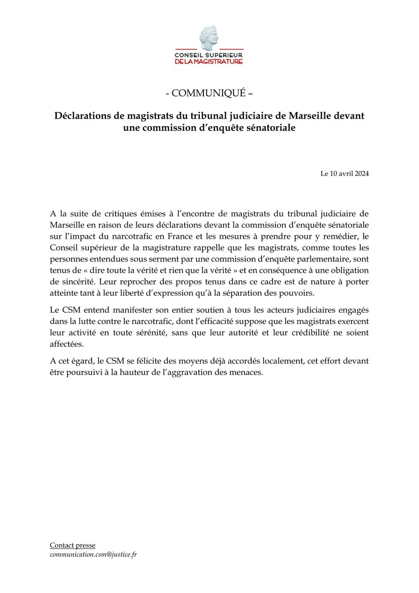 Conseil magistrature (@csmagistrature) on Twitter photo Communiqué du Conseil supérieur de la magistrature : déclarations de magistrats du tribunal judiciaire de Marseille devant une commission d'enquête sénatoriale Communiqué du Conseil supérieur de la magistrature : déclarations de magistrats du tribunal judiciaire de Marseille devant une commission d'enquête sénatoriale