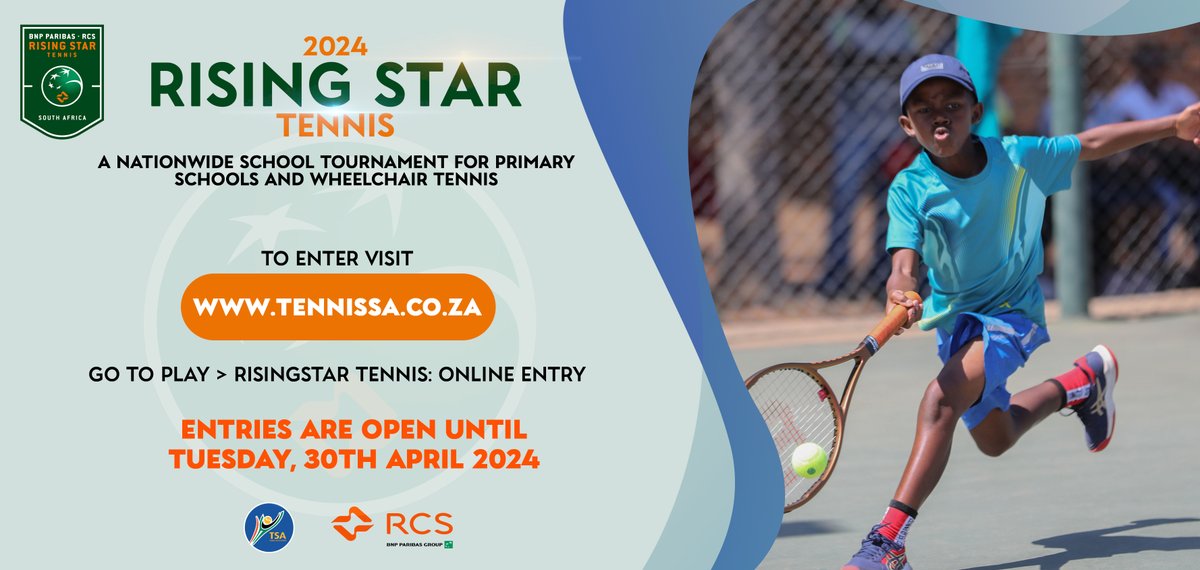 The entry deadline for the 2024 @RCSGroup_ Rising Star Tennis is fast approaching!

Hurry and sign up to participate in this rapidly growing and competitive school championship.

To enter, visit: tennissa.co.za/w/play/rising-…

#RisingStarTennis