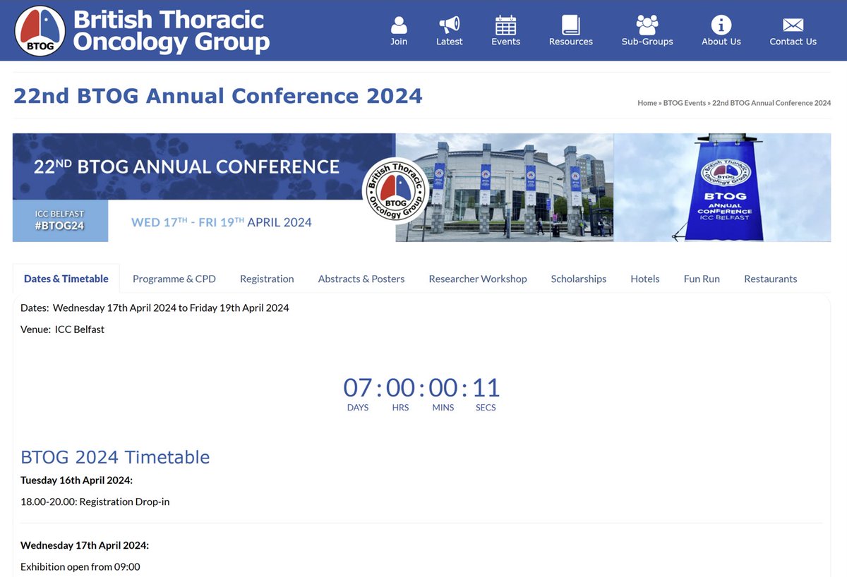 The 1-week countdown to #BTOG24 is officially on!

Some highlights for trainees:

1.  Dedicated Trainee Session = Wed 1000
2. Reception+Posters = Wed 1830
3. Fun Run = Thurs 0645
4. Oral Posters = Thurs 1700
5. Dinner &amp; Band = Thurs 2000
6. MDT Session on ILD + ctDNA = Fri 1200