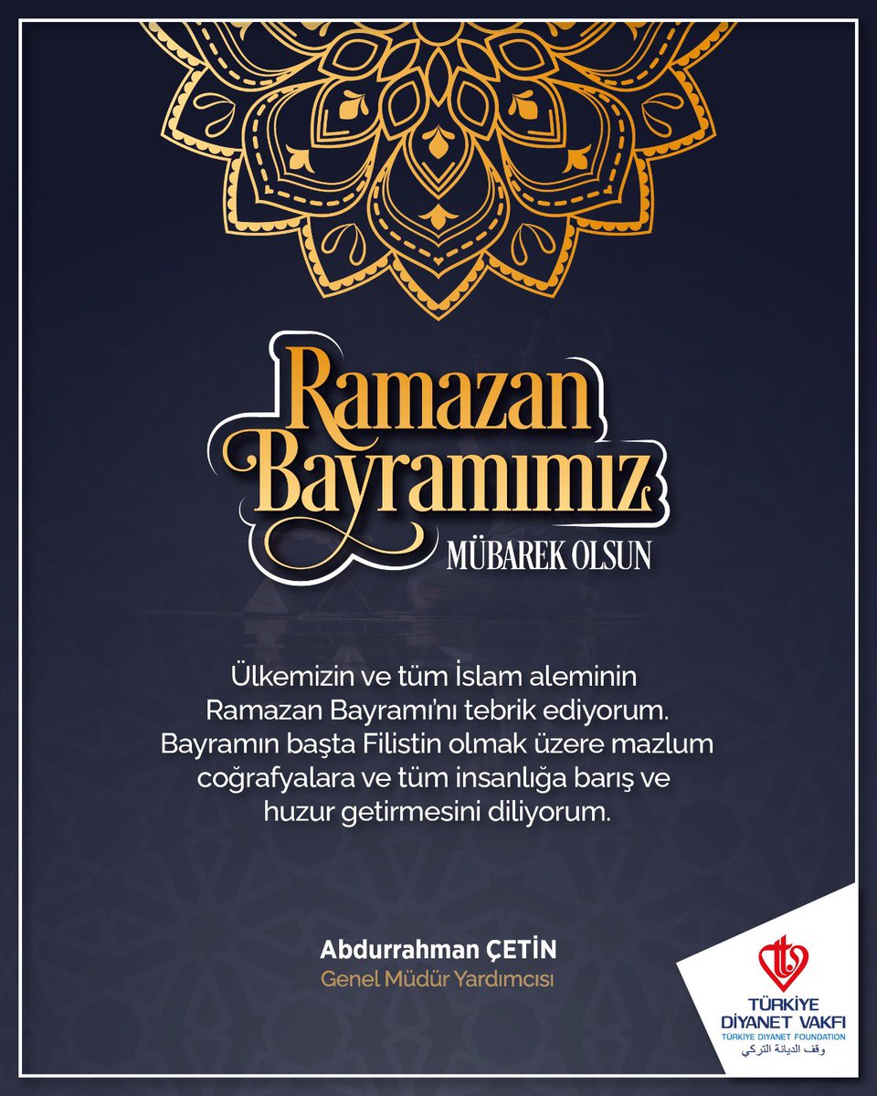 Ramazan Bayramımız mübarek olsun Ülkemizin ve tüm İslam aleminin Ramazan Bayramı’nı tebrik ediyorum. Bayramın başta Filistin olmak üzere mazlum coğrafyalara ve tüm insanlığa barış ve huzur getirmesini diliyorum.