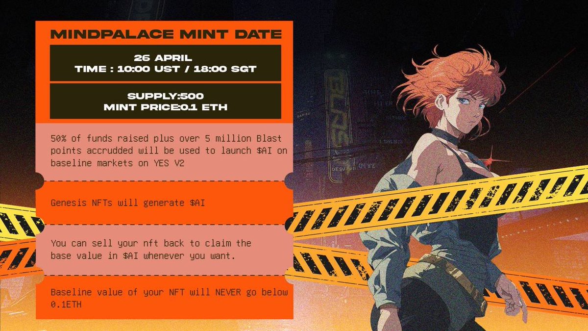 🚀 MINT ALERT: MINDPALACE 🚀 April 26th is the day! Supply: 500 Mint Price:0.1 ETH 50% of funds raised plus over 5 million Blast points accrued will be used to launch $AI on baseline markets on YES V2 Genesis NFTs will generate $AI You can sell your NFT back to claim the base…