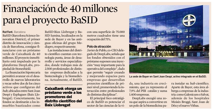 📰 El BaSID (Barcelona Science Innovation District) ha obtenido un préstamo verde de 40 M € de @caixabank. 🚀 Esta #inversión permitirá al proyecto, liderado por @DeepLabs y Stoneshield, expandir los #laboratorios de Sant Joan Despí y Esplugues de Llobregat. En @expansioncom👇