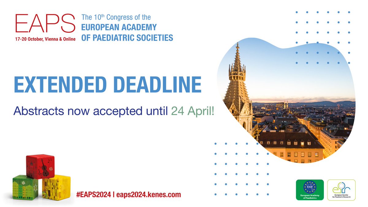 Abstract Deadline Extension Alert! 🎉 The #EAPS2024 abstract submission deadline has been extended until 24 April, giving you two extra weeks! ▶️ Seize this opportunity to present either in Vienna or online. Submit now: bit.ly/3F4MRQ6 @espr_esn @EAPaediatrics #PedsICU