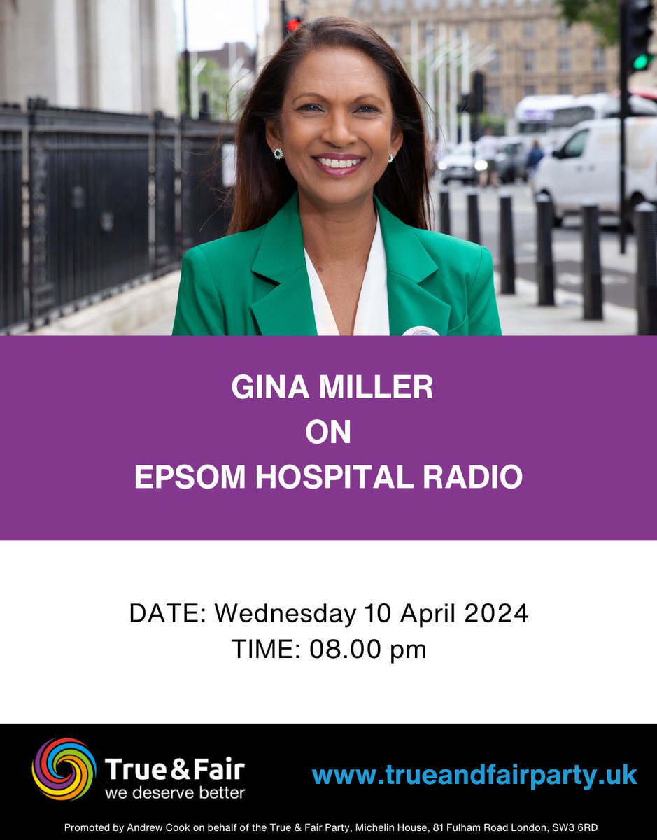 📻 REMINDER: Join @thatginamiller on Epsom Hospital Radio TONIGHT at 8pm, to talk about her vision for #Epsom, #Ewell, #Leatherhead and #Ashtead ✍️ Sign up to support Gina’s General Election campaign here: trueandfairparty.uk/subscribe_epso… 🎧 Listen here: epsomhospitalradio.org.uk…