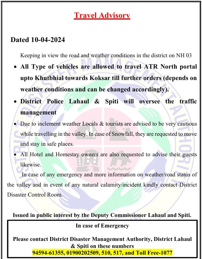#Travel #Advisory #Lahaul #Spiti #TTRHimachal #Traffic #HPPolice @himachalpolice @DDMALahaulSpiti @splahhp