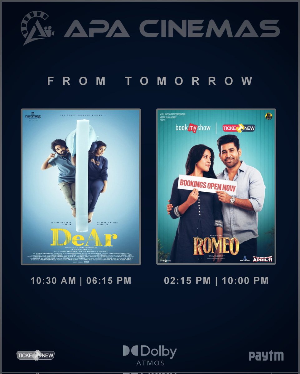 #Dear and #Romeo from tomorrow at your #APACinemas #DolbyAtmos64channel #7WaySound

@vijayantony @gvprakash @aishu_dil @mirnaliniravi @vijayantonyfilm @RedGiantMovies_ @siddhu_viva