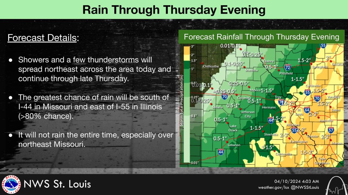 Showers and a few thunderstorms will spread across the area and continue through late Thursday. The greatest chance for rain and the heaviest amounts will be over southeast Missouri and southwest Illinois. #stlwx #midmowx #mowx #ilwx