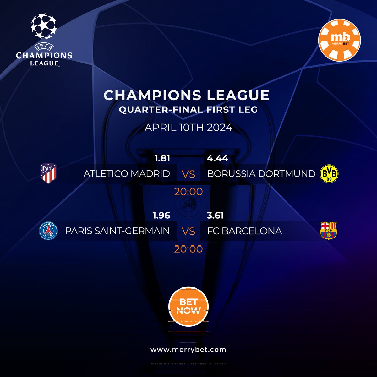 🚨 It's another huge night in the Champions League🍿 Champs, which teams are winning tonight? 🤔 Bet Now ➡️ bit.ly/3JkQJfS #AtletiBVB #PSGFCB #AtleticoMadrid #BorussiaDortmund #PSG #Barcelona #UCL #ChampionsLeague #BetNow #Merrybet #whereChampionsplay