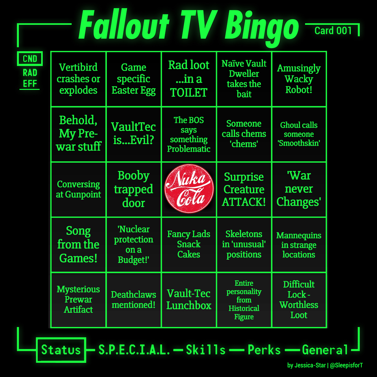 Fallout TV Bingo--Spoiler free! I've made a set of 10 Bingo cards for all you cool cats ready for the @falloutonprime release! Full of some of our favourite Fallout cliches & situations Perfect for watch parties or solo play, pick a card & see if you can win! #Fallout 📺☢️
