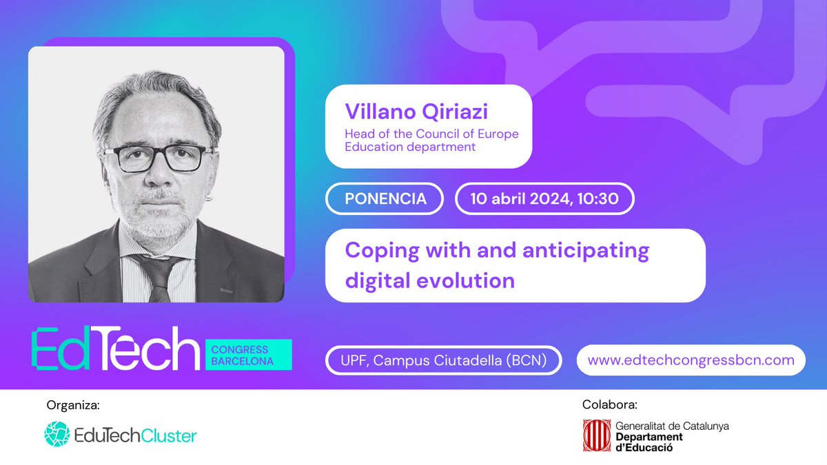 🟣 Arranca la segunda ponencia del #edtechcongressbcn24: 💥 Coping with and anticipating digital evolution 🗣️ @VQiriazi En su intervención tratará la regulación aprobada en #IA en el Consejo de Europa y el plan de políticas europeas planteadas para el 2030.