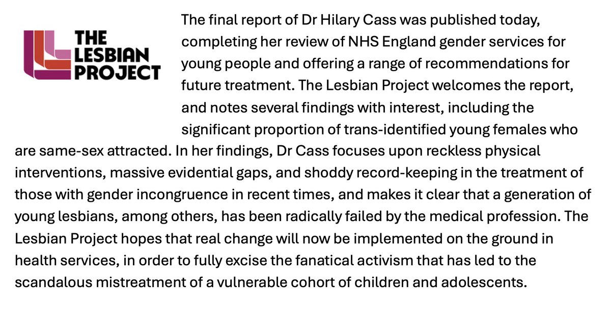 The Lesbian Project responds to today's publication of the final report of the Cass Review cass.independent-review.uk/home/publicati…