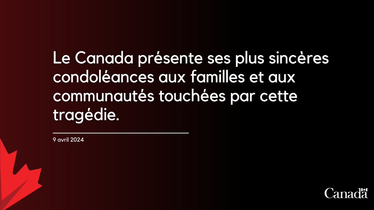 C'est avec une profonde tristesse que nous avons appris le naufrage d'un bateau transportant environ 130 personnes, dont des enfants, près de l'île de Mozambique. Canada présente ses plus sincères condoléances aux familles et aux communautés touchées par cette tragédie.