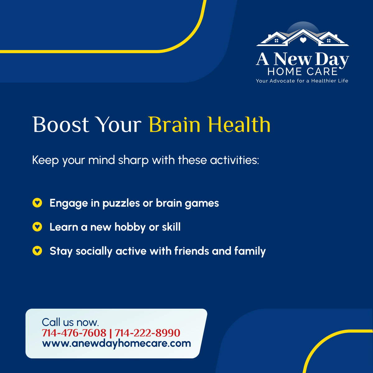Keep your brain in top shape with stimulating activities. Explore these fun ways to boost cognitive function, encouraging mental agility and enhancing overall brain health.

#YorbaLindaCalifornia #HomeCareServices #BrainHealthTips