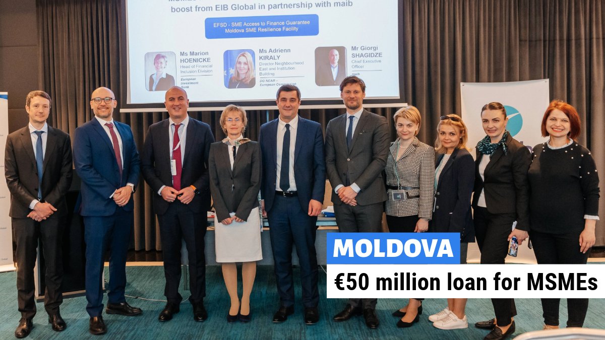 Partnering with maib, #Moldova’s top bank, #EIBGlobal is investing €50m for: 🔵Accessible finance 🟢Green investment 🔵Job creation 🔵Economic Growth With an EU-backed portfolio guarantee, we also enable maib to mobilise an extra €44m in loans to MSMEs.👉bit.ly/43V35ae