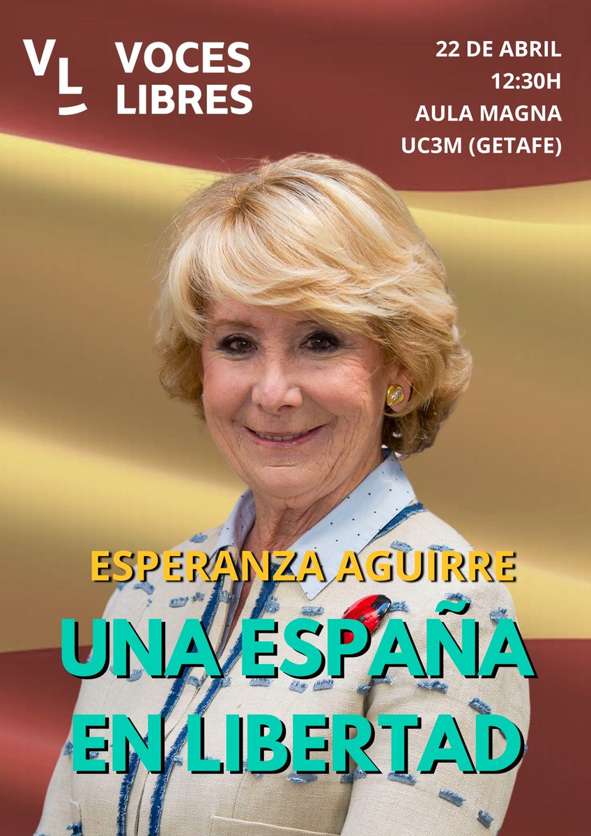 ¡Por fin ha llegado el momento de desvelar a nuestra invitada especial!

El próximo 22 de abril a las 12:30 no te pierdas nuestro acto con @EsperanzAguirre en el Aula Magna de la UC3M.

🇪🇸🗽 «Una España en libertad».