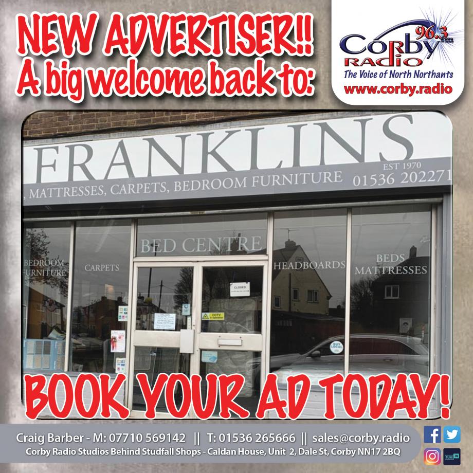 🚨WELCOME BACK - @franklinscorby.furniture🚨 Quality beds and carpets, with service second to none, we won't let you down! LISTEN LIVE: 96.3Fm on your radio Online at corby.radio Text: 963corby + MSG to 88802 Ask your smart speaker to 'Play Corby Radio' #CorbyR...