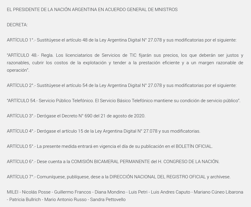 Hoy Milei elimina por decreto el control del Estado sobre los precios de los servicios TIC Internet y celular dejan de ser servicios públicos esenciales y estratégicos en competencia y, por ende, te van a cobrar lo que quieran #HabraConsecuencias