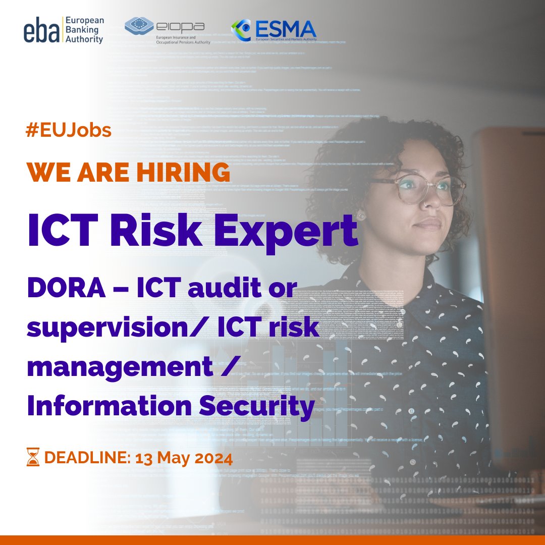 🚀 Join the DORA oversight team with the ESAs! Be part of EU Regulation implementation, expand your network, and thrive in a multicultural environment. 📅 Apply by May 13 for: ✔ Director ✔ Legal Expert ✔ ICT Risk Expert 👉 europa.eu/!c3t7XM