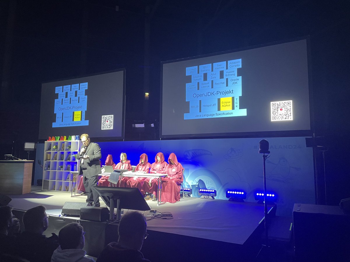 Eclipse ⁦⁦<a href="/adoptium/">Eclipse Adoptium</a>⁩ #AQAvit to the rescue - who controls the openness of ⁦<a href="/java/">Java</a>⁩ and the @openjdk? Great ⁦<a href="/JavaLandConf/">JavaLandConf</a>⁩ community keynote, funny and serious at the same time 👁️🤪 ⁦<a href="/EclipseFdn/">Eclipse Foundation</a>⁩ #javaland #javaland2024