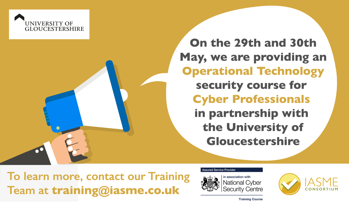 We are running our next Operational Technology Security course on 29th and 30th May at @uniofglos 📣 If you are interested in advancing your cyber career, this might be the course for you 💻 Reserve your space and find out more at training@iasme.co.uk 📧