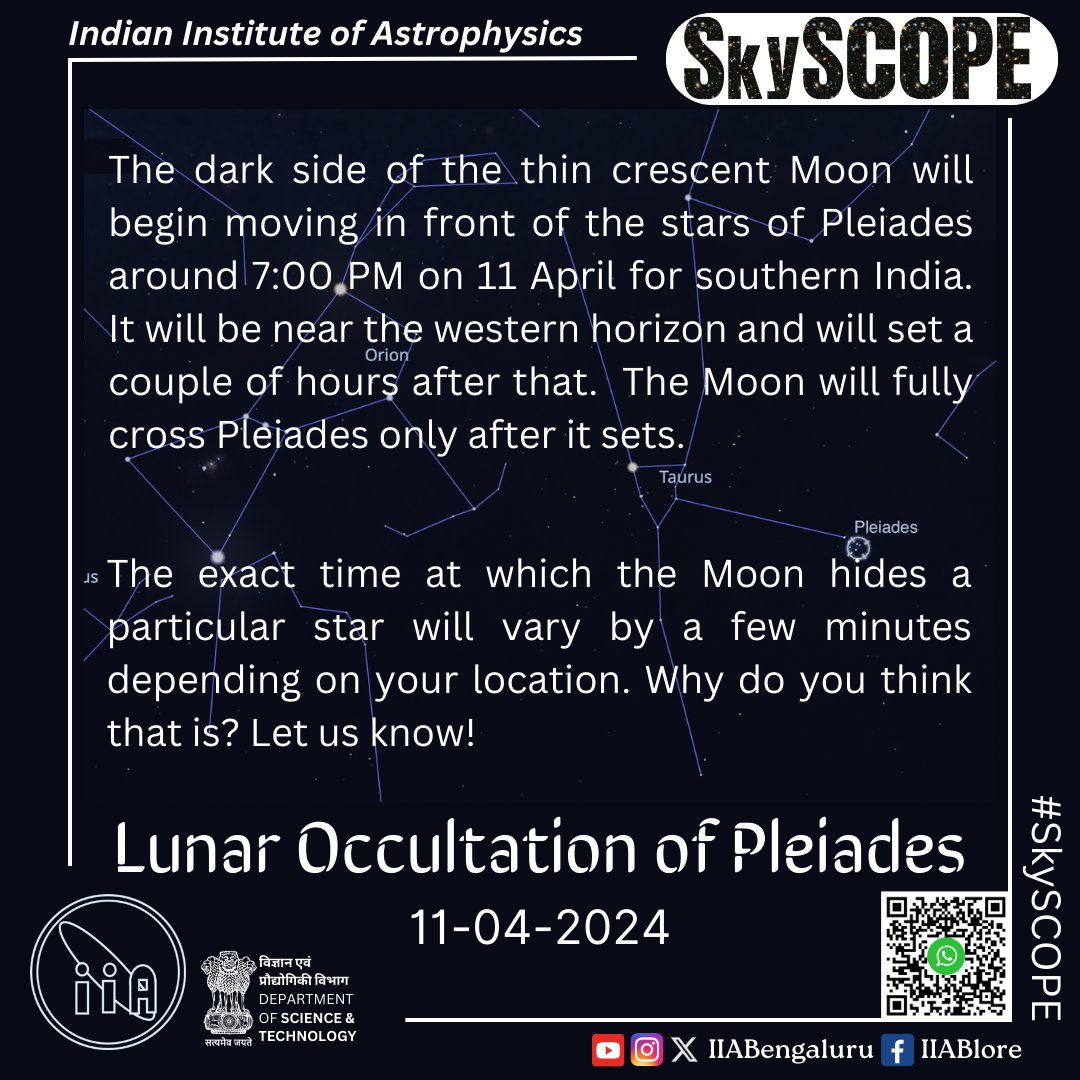 The Moon will occult (move in front of & hide) some stars of Pleiades (Krittika/Karthigai) tomorrow evening, as seen from southern India. It will pass very close to Pleiades for the rest of India. Our #SkySCOPE has more info & a question for you! @IndiaDST @asipoec