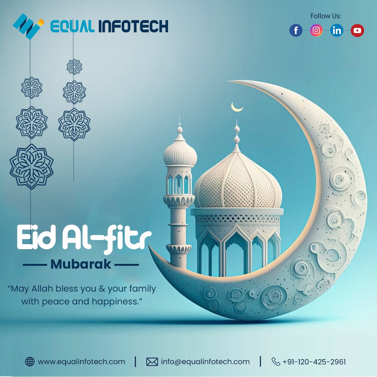 equalinfotech's tweet photo. May this special day bring peace, happiness, and prosperity to you and your loved ones. Wishing you joy, blessings, and success on this auspicious occasion. 
Enjoy the festivities &amp; cherish the moments with family and friends. Eid Mubarak! 🌙✨
 #eidmubarak #eidblessings #eidjoy https://t.co/kfMErML9wf