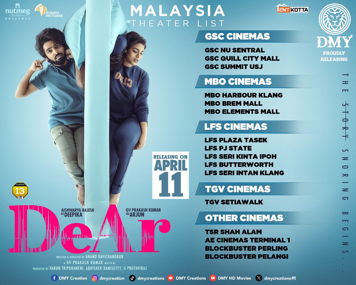 #DeAr movie Malaysia Release by @dmycreationoffl

Listen to the Snore at your nearest cinemas 😴🔊

@gvprakash @aishu_dil @Anand_Rchandran @tvaroon #AbhishekRamisetty #PruthvirajGK @mynameisraahul #RomeoPictures @jagadeesh_s_v @Tentkotta