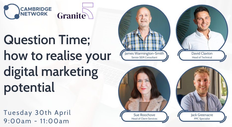 Ready to unlock the secrets of #DigitalMarketing success? 💡 Join us and @granite5ltd for a riveting panel discussion where industry experts will delve into digital marketing, #SEO, #PPC, #WordPress and brand storytelling. Book here ➡ cambridgenetwork.co.uk/events/questio…