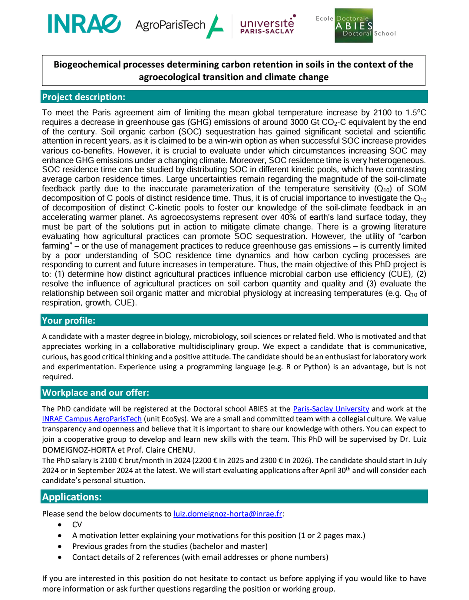 We have an open #PhD #position on Biogeochemical processes determining #carbon retention in #soils in the context of agroecological transition and #GlobalWarming! Join our group! The PhD candidate will work with me, @ClaireChenu2 and Pierre Barre! This is a great opportunity!