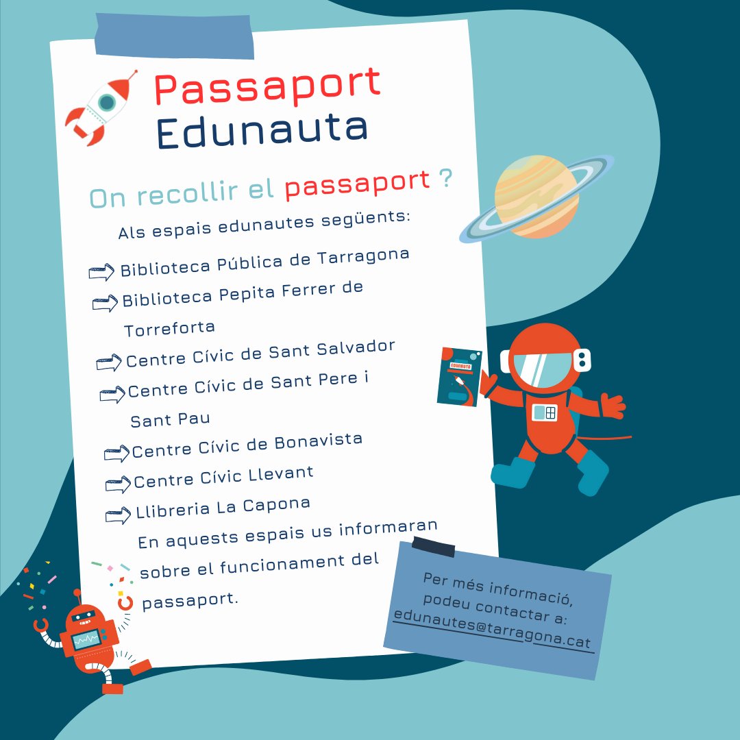 🤔Encara no saps on pots recollir el teu Passaport Edunauta? 📍T'ensenyem tots els punts amb què comptem! 😉A partir d'ara no hi ha excusa. Toca explorar! @TGNAjuntament @mesEduCoop #TgnEducacio #TGNCiutatEducadora #IMET #Educacio360 #PassaportEdunauta #EdunautesTGN