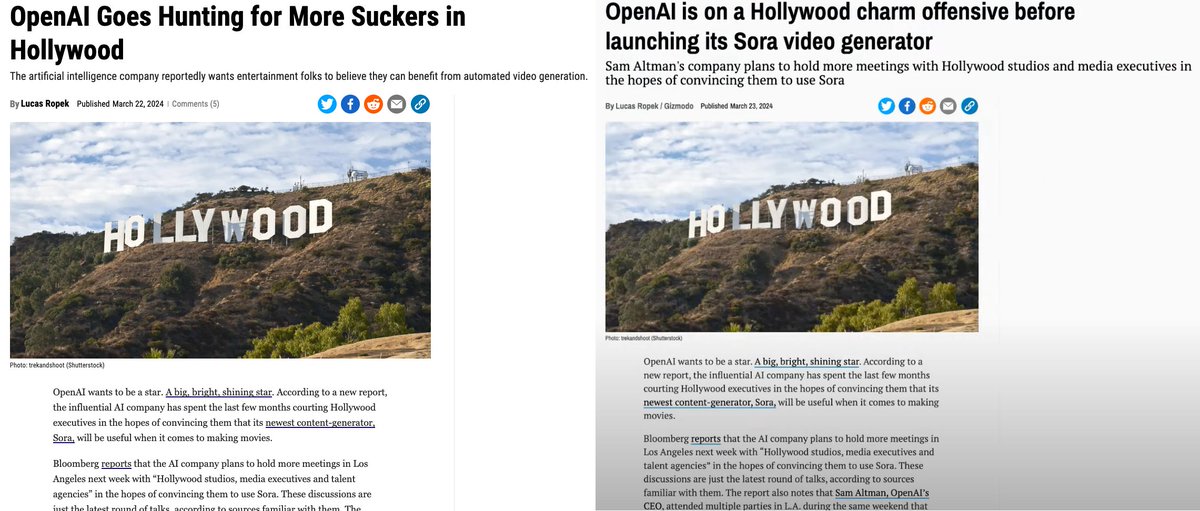 AI Job Apocalypse (Part 2a) tinyurl.com/AI2TakeWCJobs #Hollywood 🎬 v #OpenAI 🤖. Looks like this @gizmodo reporter (@LucasRopek1) was told by his editor to change the headline. Why? Leave your comments below... 🤖 #AIRevolution #AdaptAndThrive #AIJobsApocalypse #FutureOfWork #Sora