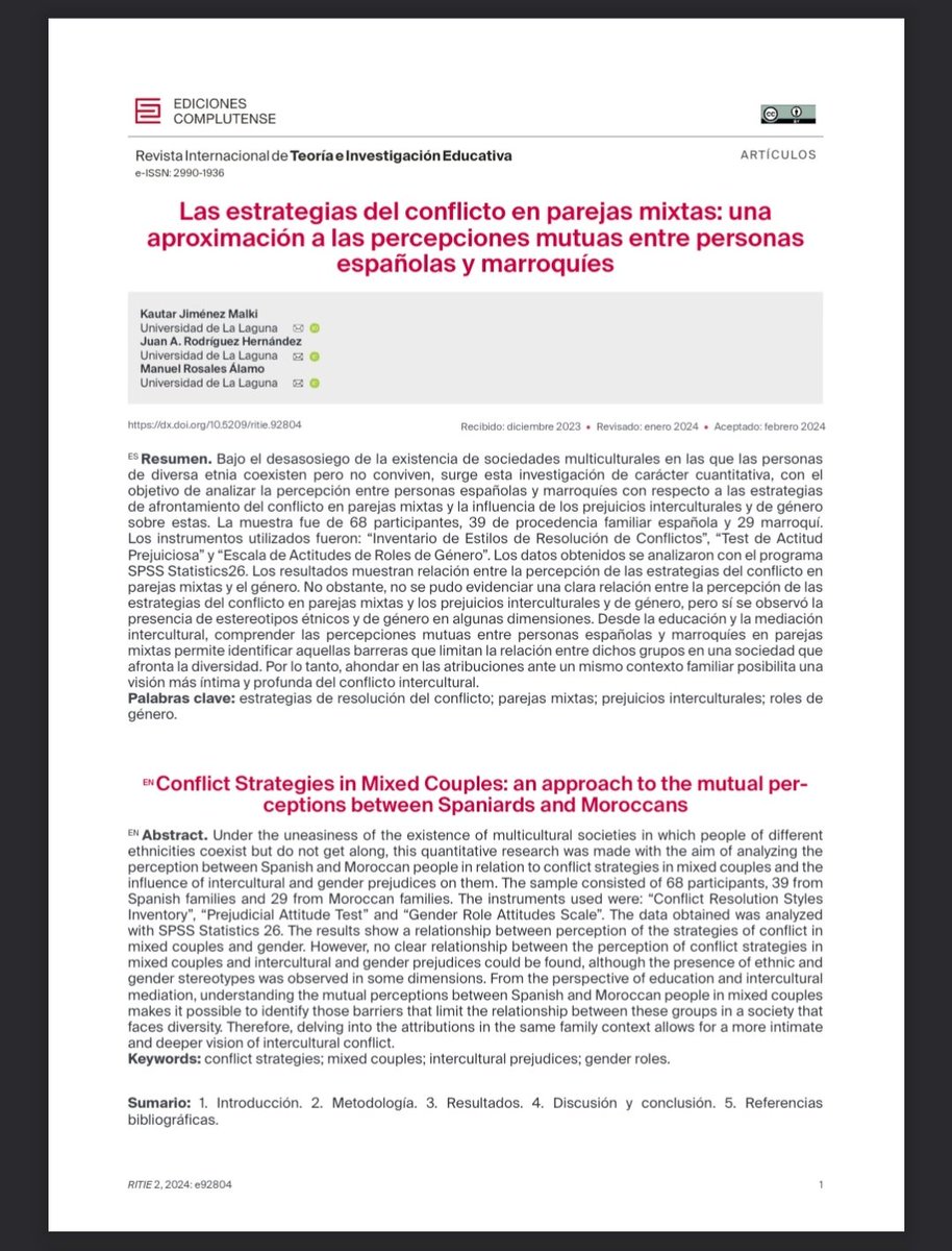Nuestros compañeros y compañeras de la <a href="/ULL/">Universidad de La Laguna</a>, Kautar Jiménez, Juan A. Rodríguez y Manuel Rosales nos aproximan a la manera en que podemos abirdar los conflictos que surgen en parejas mixtas. Un estudio necesario en el ámbito de la educación social.

👇🏽
revistas.ucm.es/index.php/RTIE…