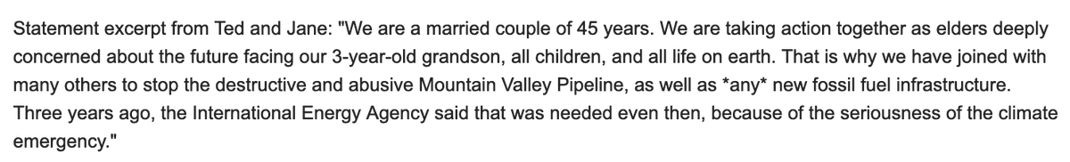 Another anti-Mountain Valley Pipeline action, from @stopthemvp: Ted Glick (74) and Jane Califf (83) have locked themselves to a large wooden possum, blocking MVP's access to the pipeline easement, a work yard, and 2 access roads.