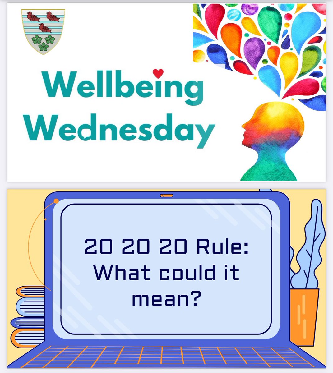 This week’s Wellbeing Wednesday @YsgolGreenhill is the importance of the 20-20-20 rule. 
After 20minutes using a screen,look at something 20 feet away for 20 seconds- this is how long it takes for our eyes to reset and relax 👀
#teamgreenhill
#wellbeingwednesday
#bluewave