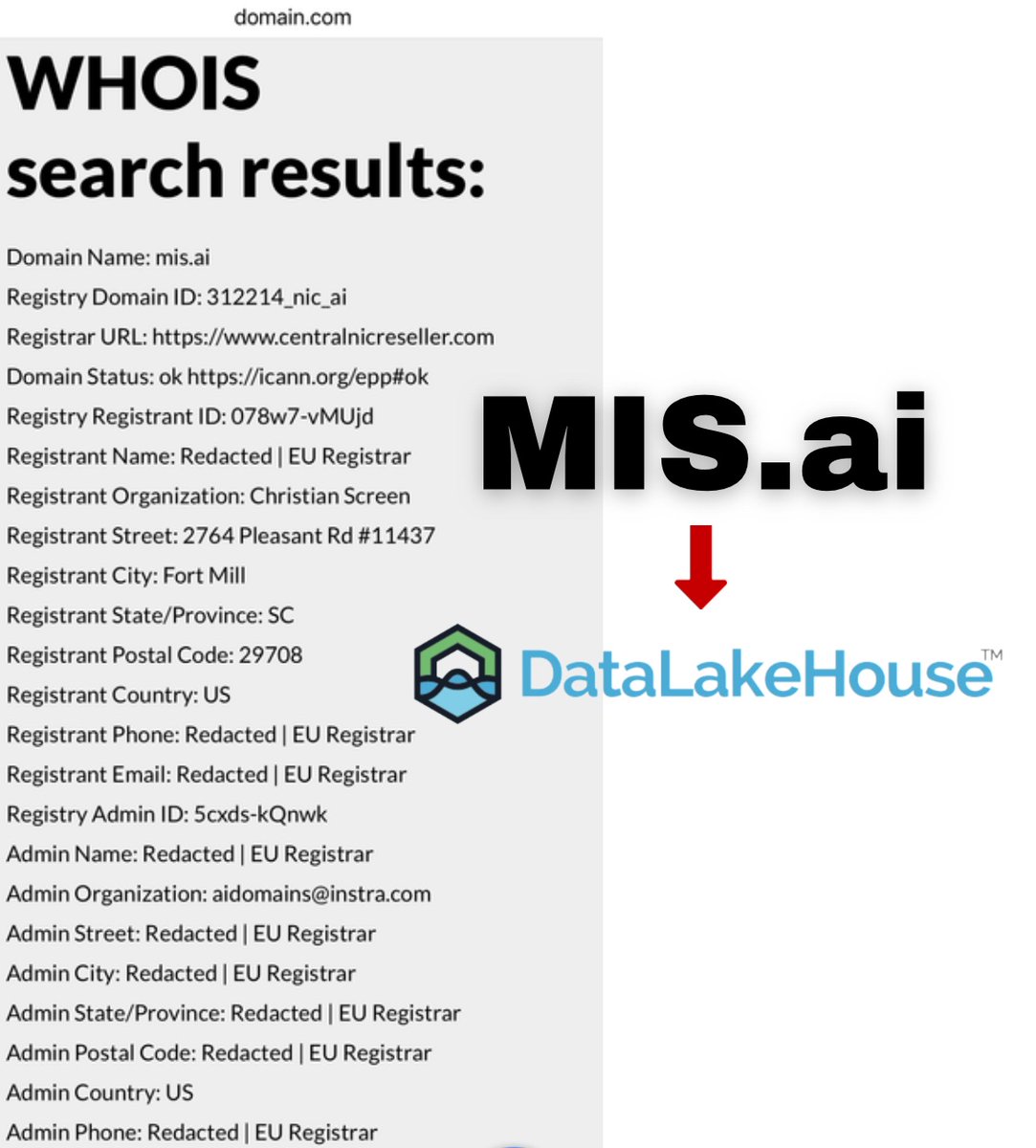 🚨 Congrats @christianscreen !

 Christian owns the company @datalakehouse 🏠 🌊 

 They also own:
            
               👉 MIS.ai 👈 
               👉 DLH.ai 👈 

*Manager of Information Systems
*Data Lake House 

 Small companies like