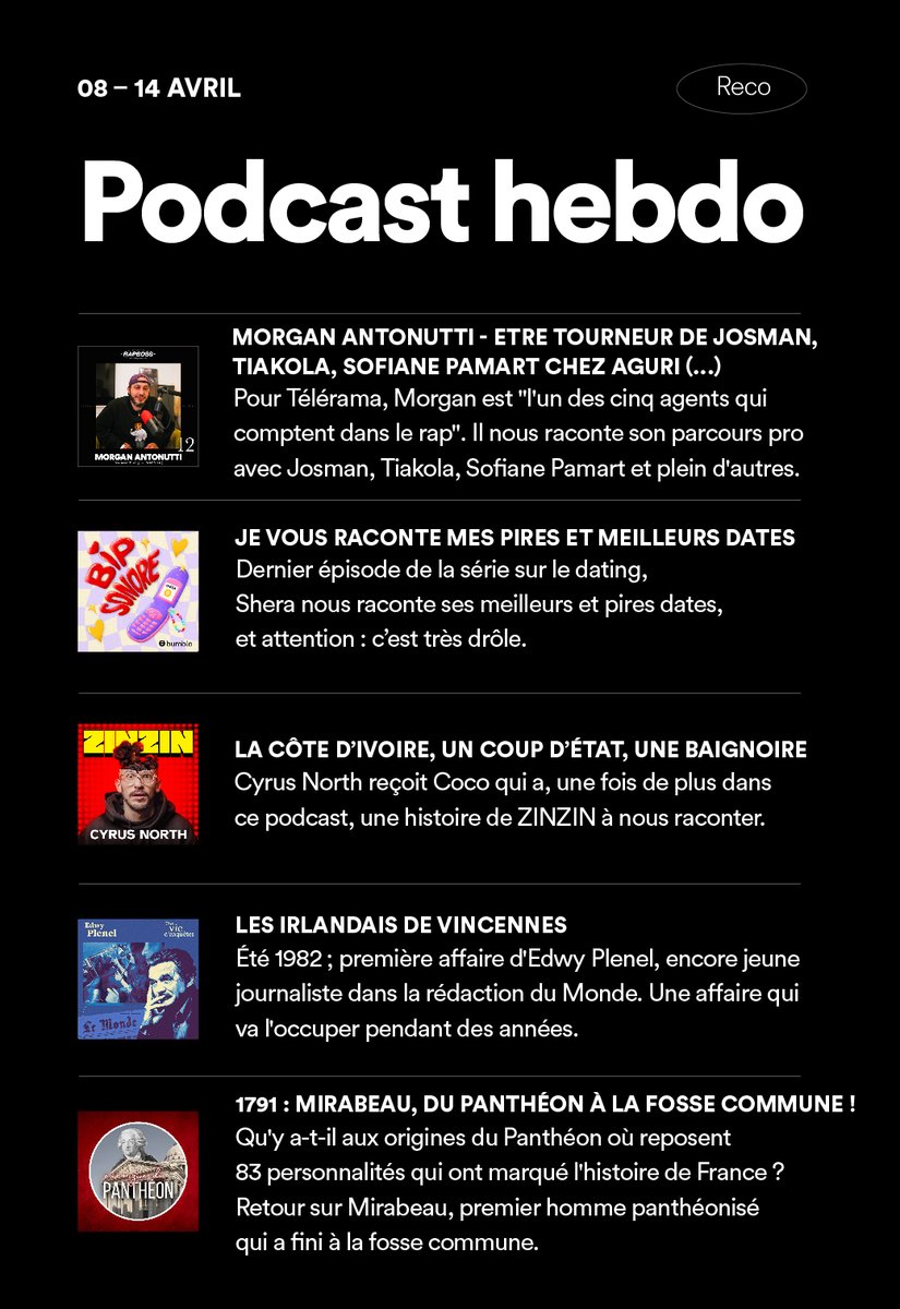 Spotify France (@spotifyfrance) on Twitter photo On écoute quoi cette semaine comme podcasts ?
🎙️<a href="/Florian135_/">Florian Lecerf 🤝</a>, <a href="/135media_/">135 MÉDIA</a>
🫰Shera
🤯<a href="/CyrusNorth/">Cyrus North</a>
🔎<a href="/edwyplenel/">Edwy Plenel</a>, <a href="/Mediapart/">Mediapart</a>
🇫🇷 <a href="/Histoire_Pod/">Pépites d'Histoire</a>
À retrouver dans notre playlist #PodcastHebdo ➡️ spoti.fi/3nenSSq On écoute quoi cette semaine comme podcasts ?
🎙️<a href="/Florian135_/">Florian Lecerf 🤝</a>, <a href="/135media_/">135 MÉDIA</a>
🫰Shera
🤯<a href="/CyrusNorth/">Cyrus North</a>
🔎<a href="/edwyplenel/">Edwy Plenel</a>, <a href="/Mediapart/">Mediapart</a>
🇫🇷 <a href="/Histoire_Pod/">Pépites d'Histoire</a>
À retrouver dans notre playlist #PodcastHebdo ➡️ spoti.fi/3nenSSq