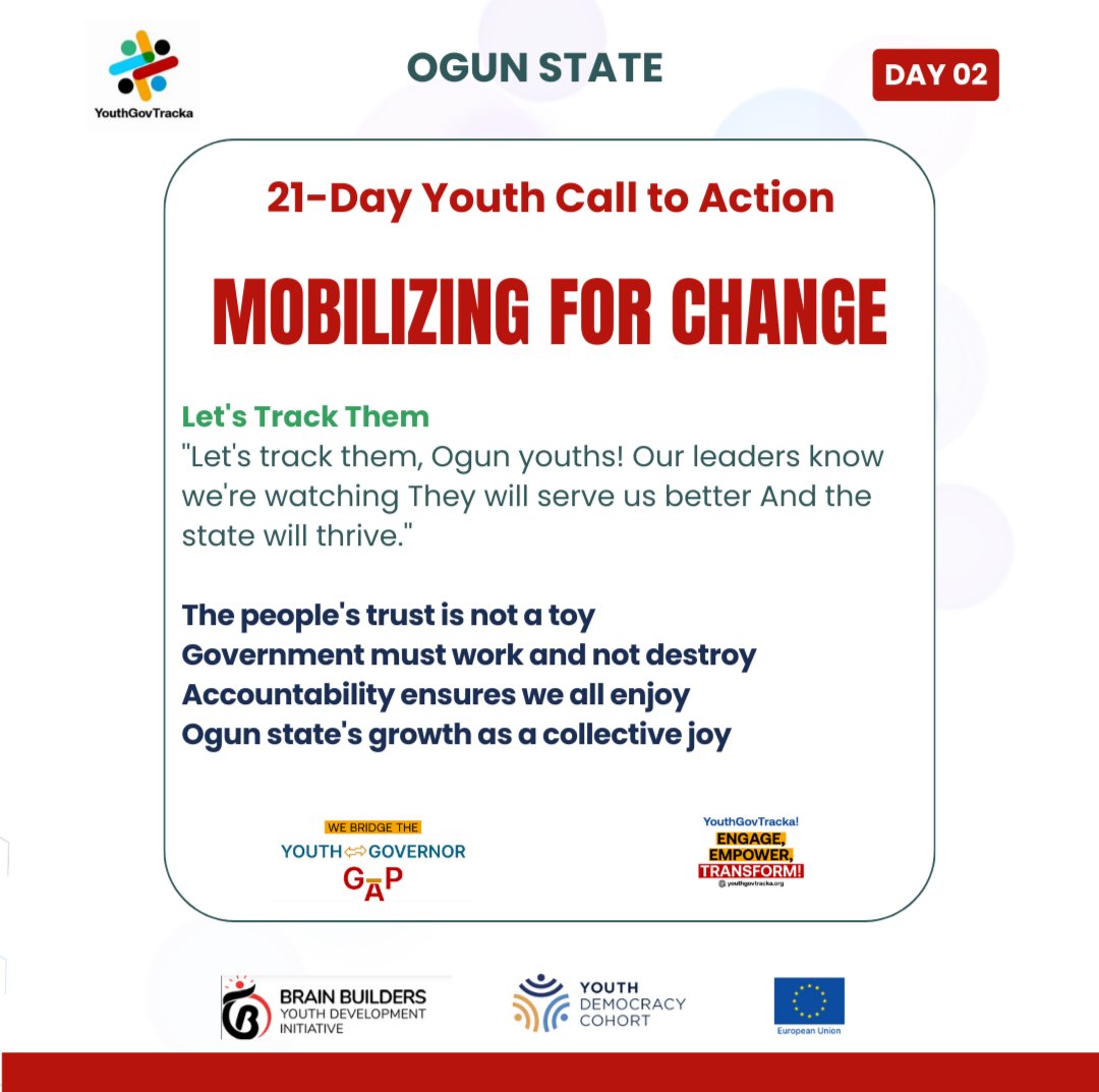 #DayTwo #21dayYouthCalltoAction #MobilizingforChange #OgunYFP
@YGovTracka @BrainBuilders01 @BrainBuilders01 @WFP @MAPOLYinfo @PressClubMAPOLY @YALINetwork @jovani____ @Ashaye967 @AUYouthProgram @YouthCohort @voicesofyouth