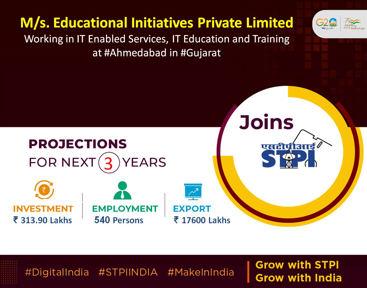 Welcome M/s. Educational Initiatives Private Limited Looking forward to a successful journey ahead. #GrowWithSTPI #DigitalIndia #STPIINDIA #StartupIndia @AshwiniVaishnaw @Rajeev_GoI @arvindtw